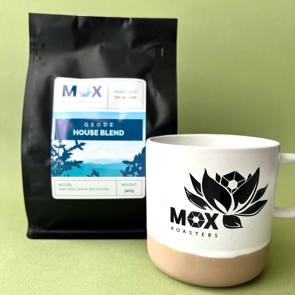 Mox House Blend whole bean coffee bag with Mox Roasters branded mug